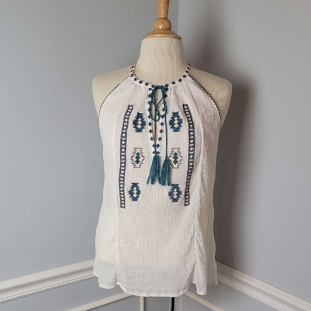 RAGA White Green Embroidered Boho Southwestern Halter Tie Neck Casual Summer Top